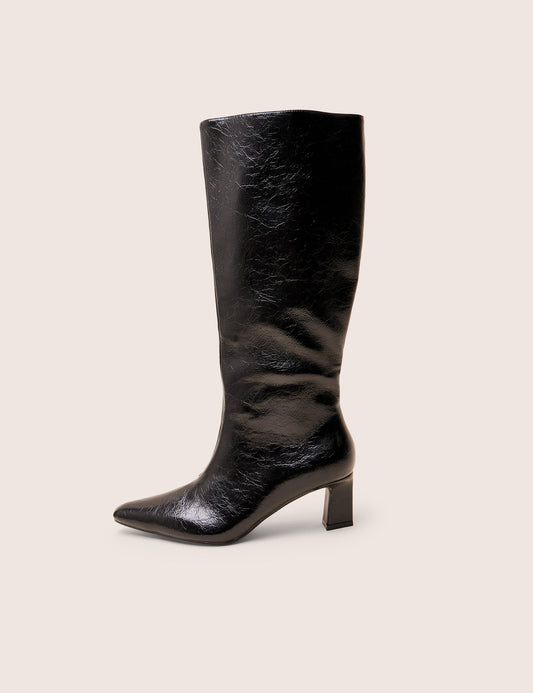 Boomer Black Crinkle Pu  Pointed Toe Knee High Mid Heel Boots