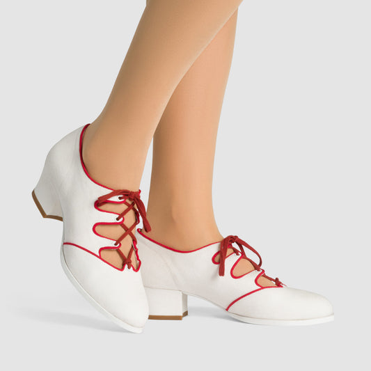Clementine Vintage Ghillie Shoes Wide (Ivory/Red)