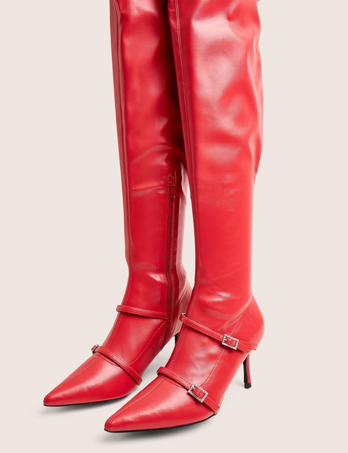 Roulette Red Pointed Toe Diamante Buckle Mid Heel Over The Knee Sock Boots