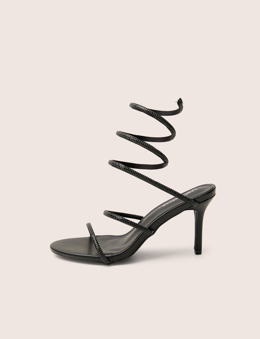 Spiral Black Diamante Wrap Around Ankle Mid Heels