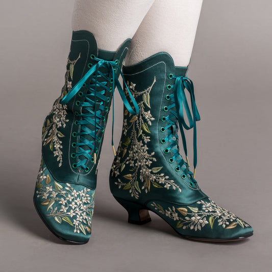 Flora Embroidered Boots Wide (Emerald Green)
